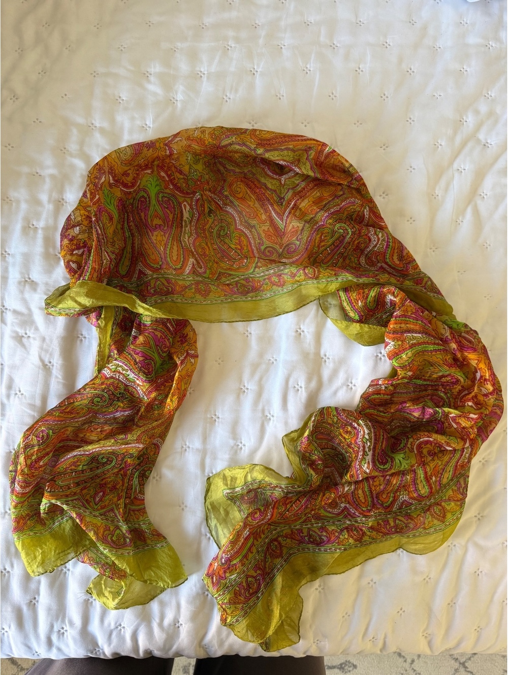 Vintage Style Lime Green Orange Pink Paisley Sheer Long Scarf Wrap 66in